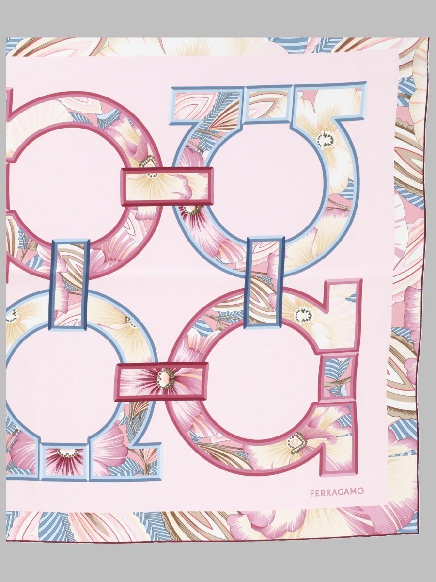 Ferragamo Square Pink Scarf With Geometric Floral Patterns Wit
