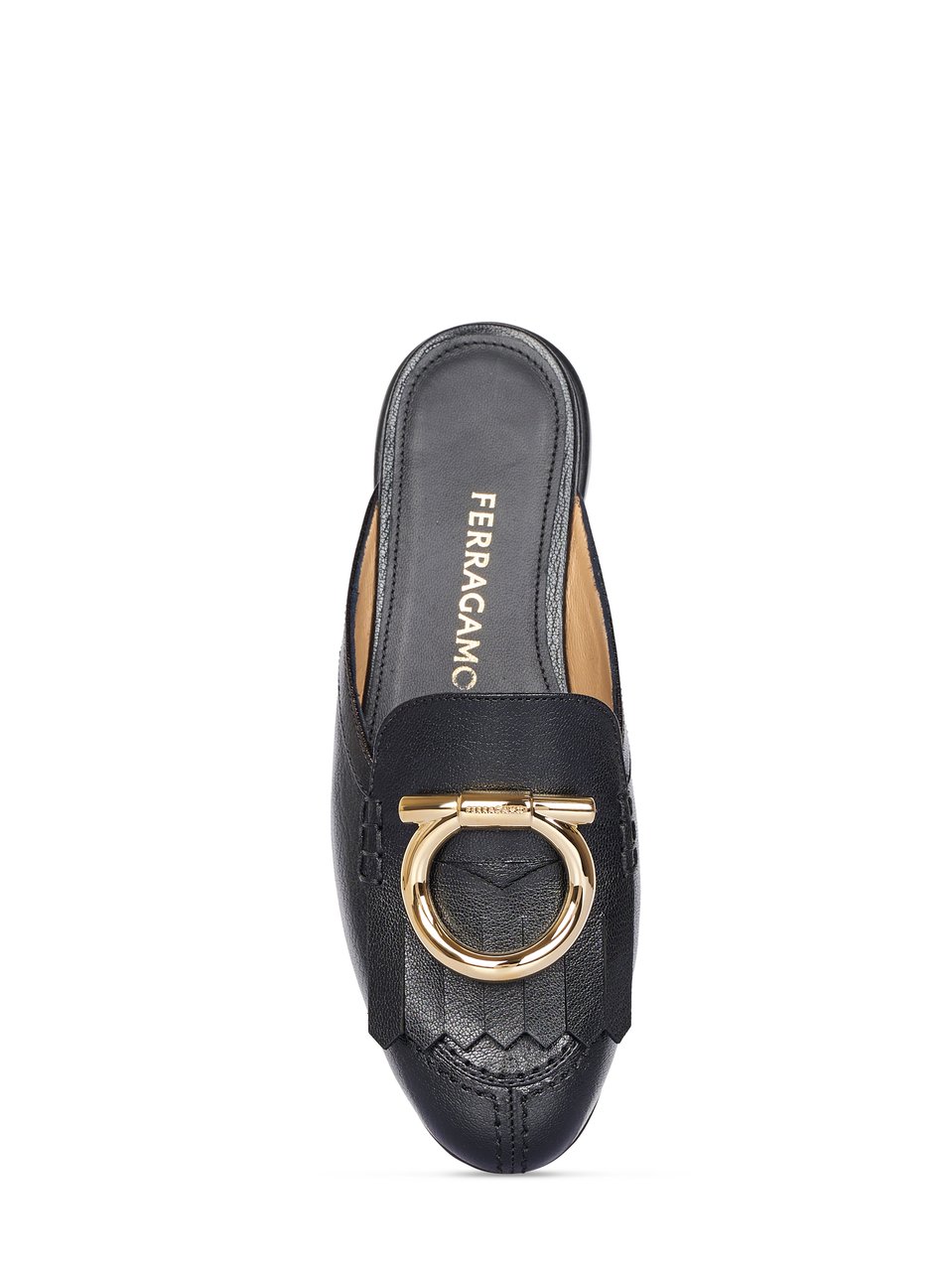 Ferragamo Textured Leather Flat Slip-On Shoes with Decorative Buckle Grijs