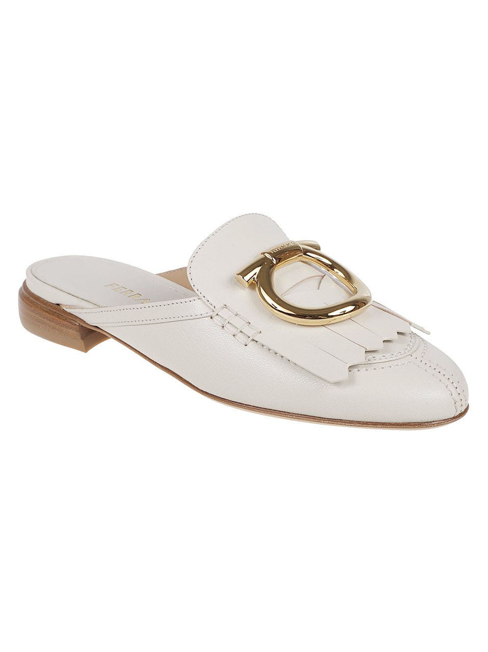 Ferragamo Ivory Leather Slip-On Sandals with Gold Gancini Detail Wit