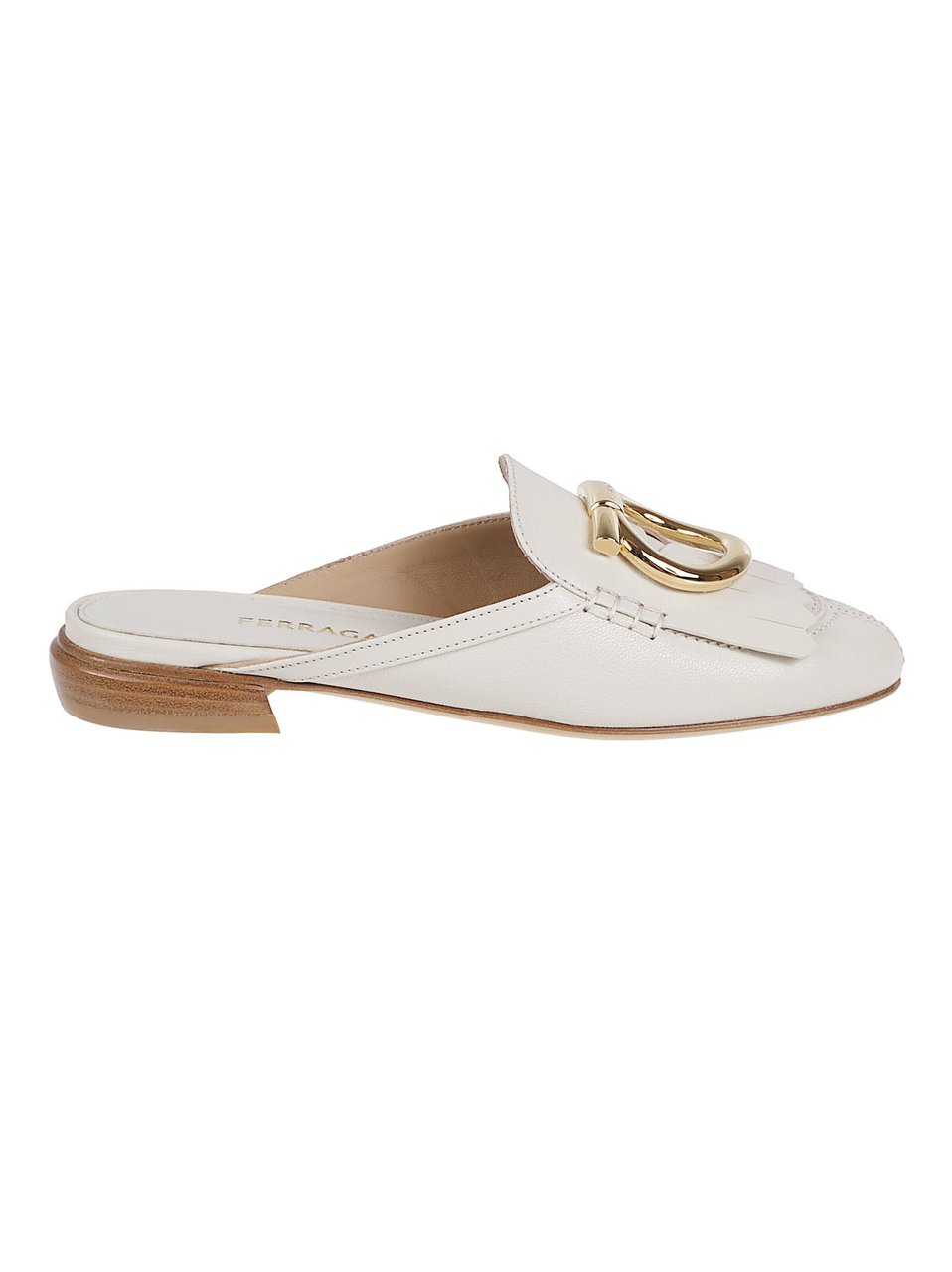 Ferragamo Ivory Leather Slip-On Sandals with Gold Gancini Detail Wit