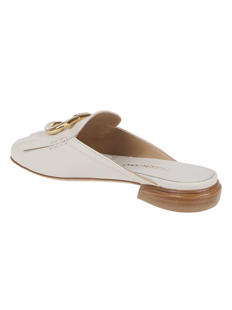 Ferragamo Ivory Leather Slip-On Sandals with Gold Gancini Detail Wit