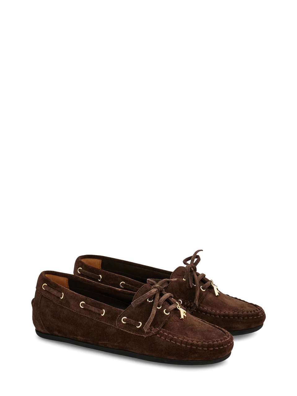 Ferragamo Moccasin-Inspired Brown Suede Flats with Gold-Tone Eyelets Zwart
