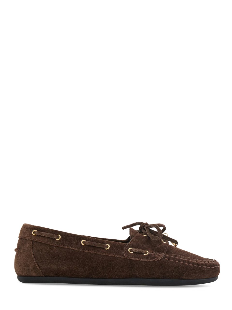Ferragamo Moccasin-Inspired Brown Suede Flats with Gold-Tone Eyelets Zwart