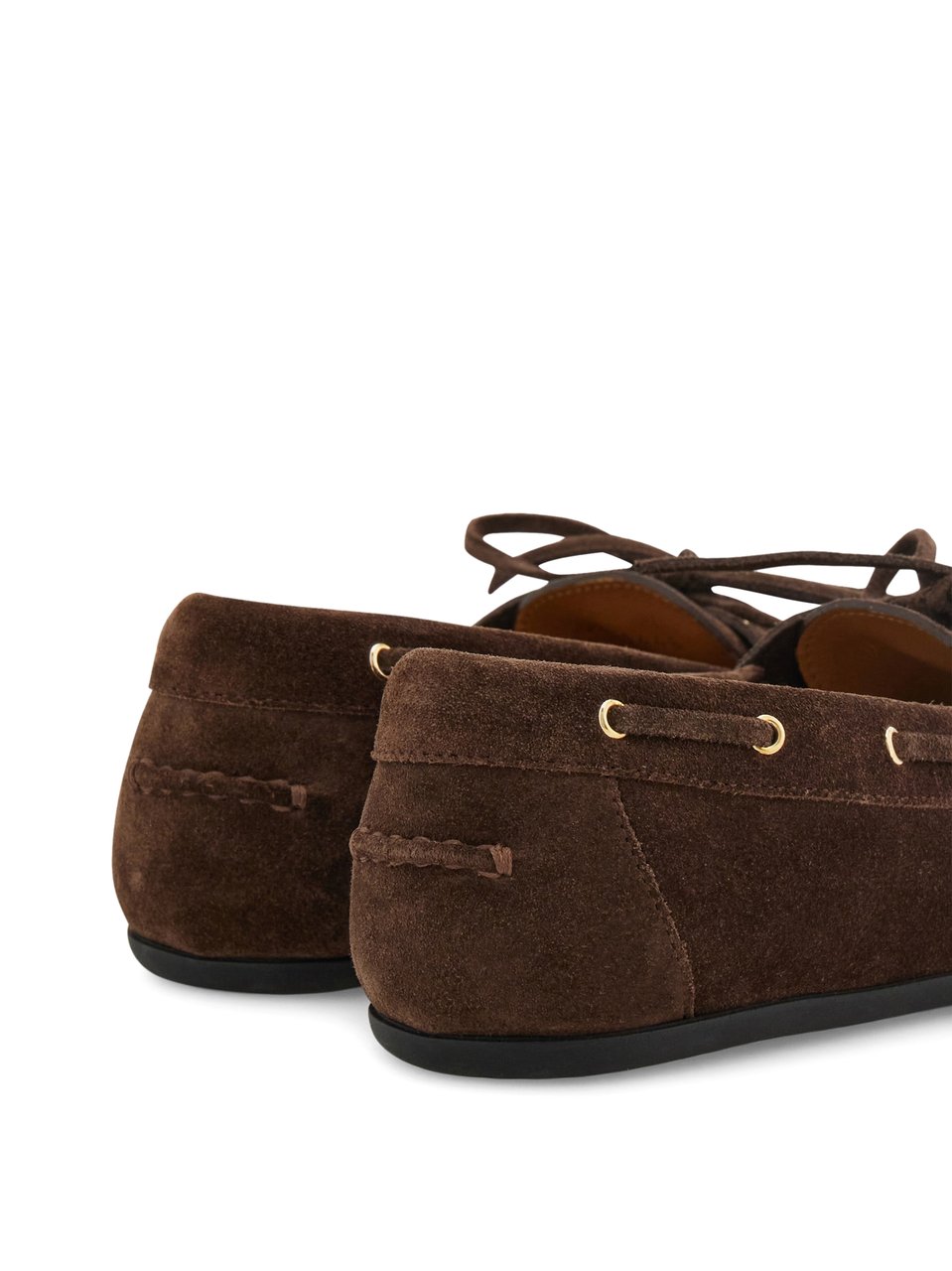Ferragamo Moccasin-Inspired Brown Suede Flats with Gold-Tone Eyelets Zwart