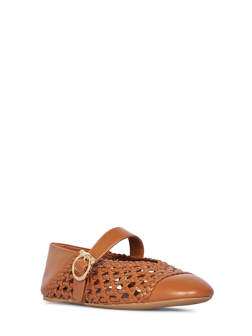 Ferragamo Pointed Toe Woven Leather Flats with Gold-Tone Detail Bruin