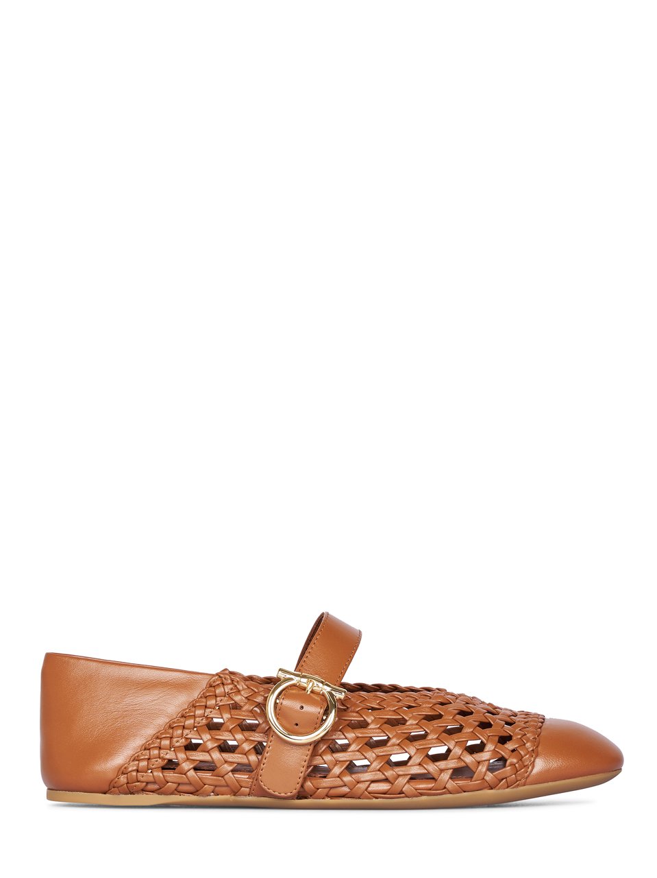 Ferragamo Pointed Toe Woven Leather Flats with Gold-Tone Detail Bruin