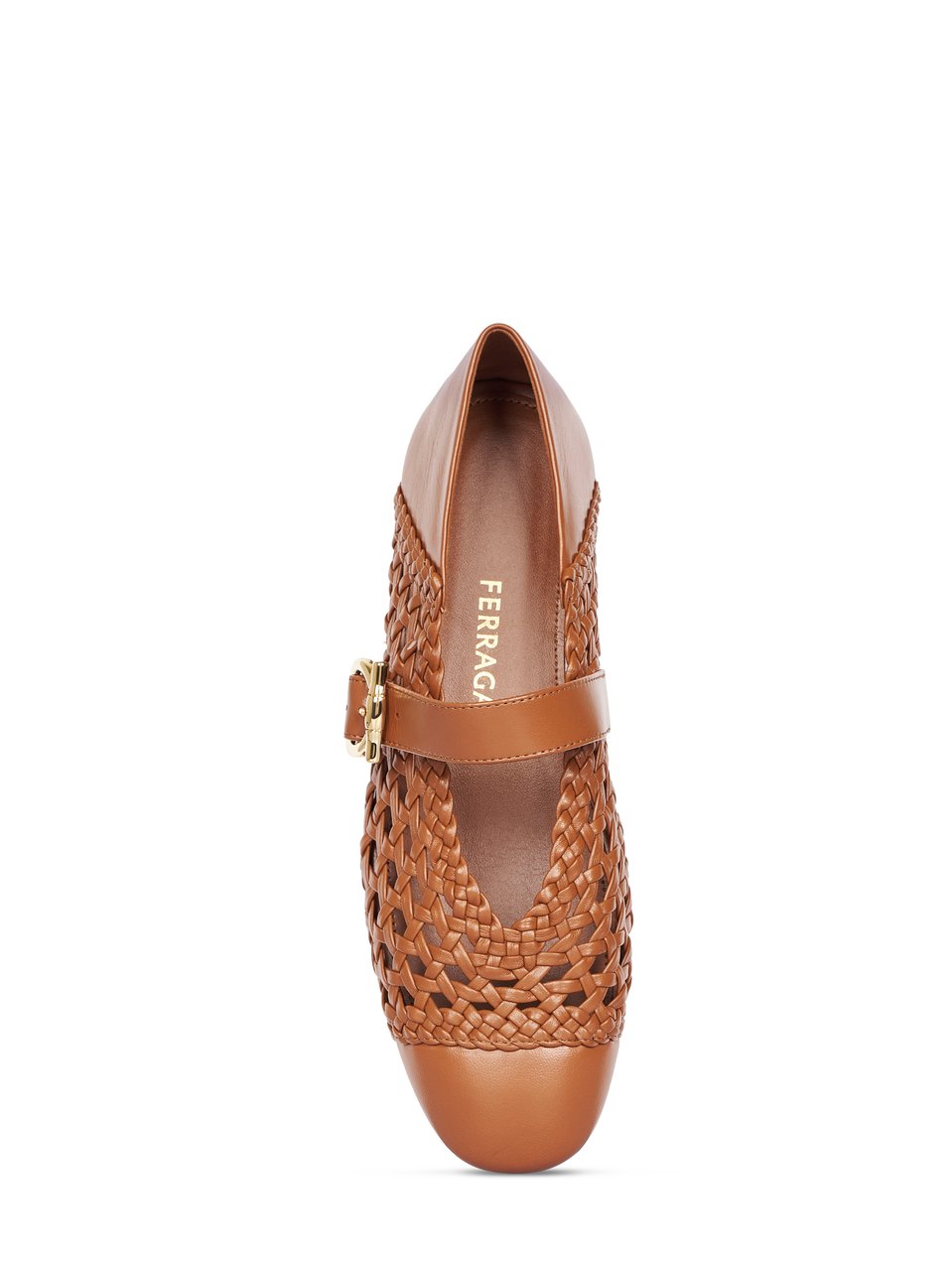 Ferragamo Pointed Toe Woven Leather Flats with Gold-Tone Detail Bruin
