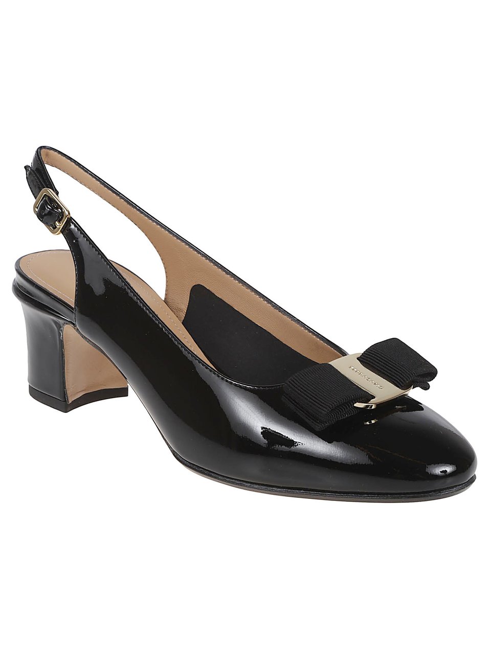 Ferragamo Slingback Shoes with Pointed Toe and Grosgrain Bow Zwart