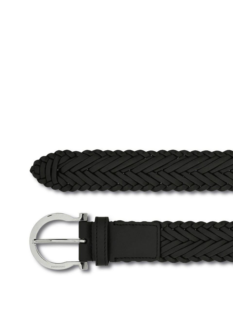 Ferragamo Braided Calfskin Leather Belt with Polished Silver-Tone Buckle Zwart