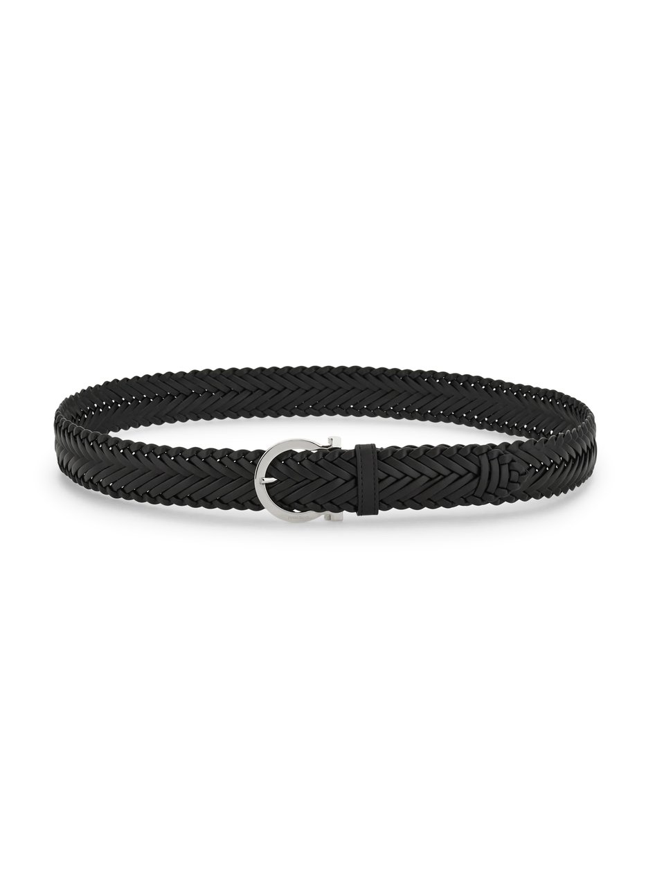 Ferragamo Braided Calfskin Leather Belt with Polished Silver-Tone Buckle Zwart