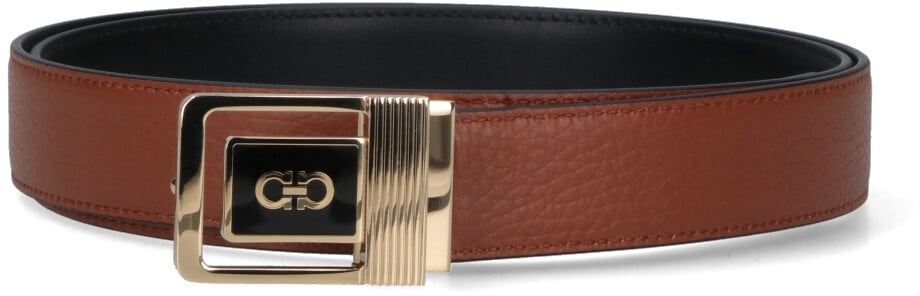 Ferragamo Reversible Logo Belt In Black Calfskin On One Side Zwart