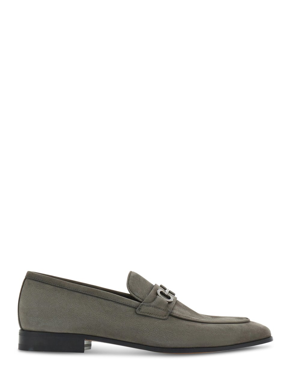 Ferragamo Grey Suede Flat Shoes with Decorative Metal Detail Grijs
