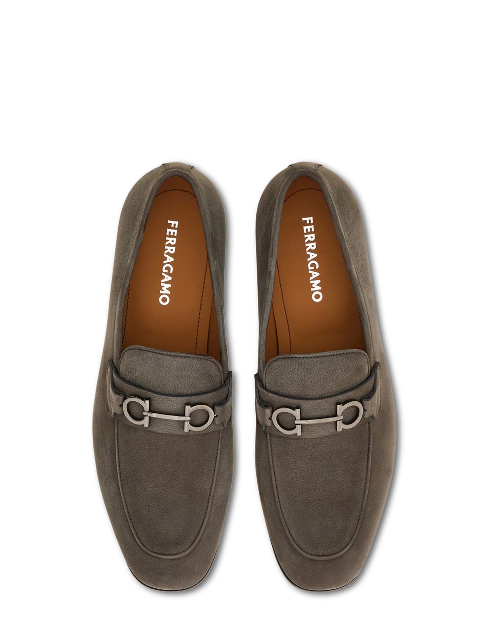 Ferragamo Grey Suede Flat Shoes with Decorative Metal Detail Grijs
