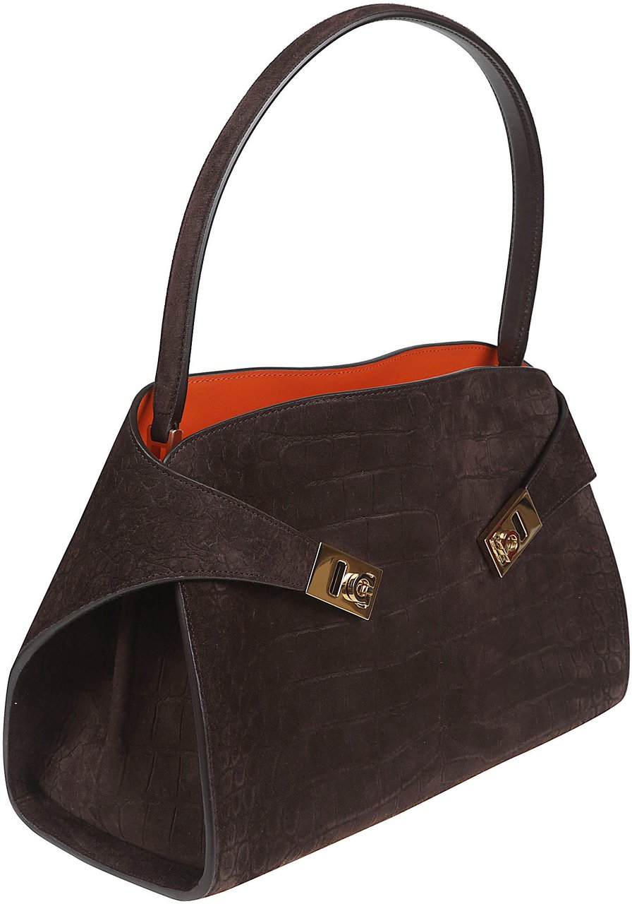 Ferragamo Structured Crocodile-Embossed Handbag with Gold-tone Accents Zwart