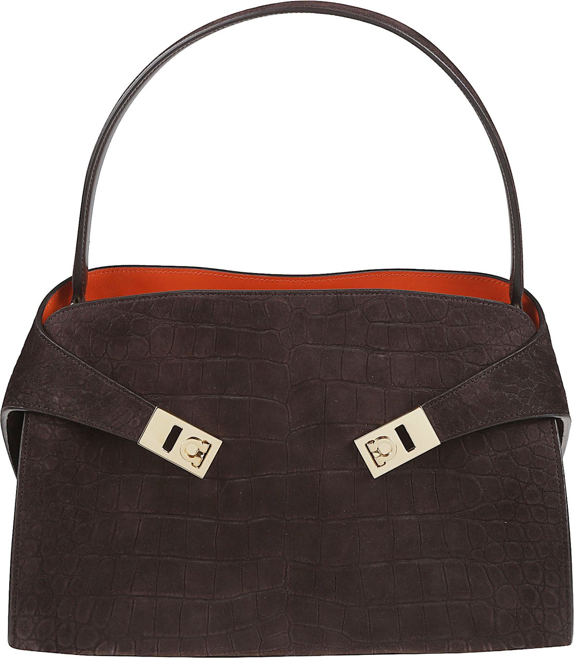 Ferragamo Structured Crocodile-Embossed Handbag with Gold-tone Accents Zwart