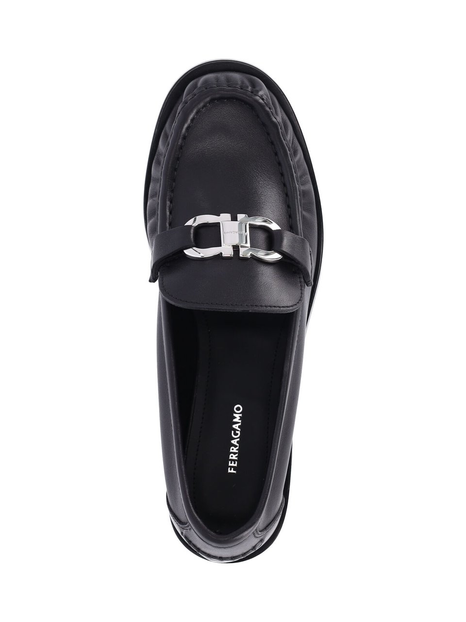 Ferragamo Black Gancini Leather Moccasin Zwart