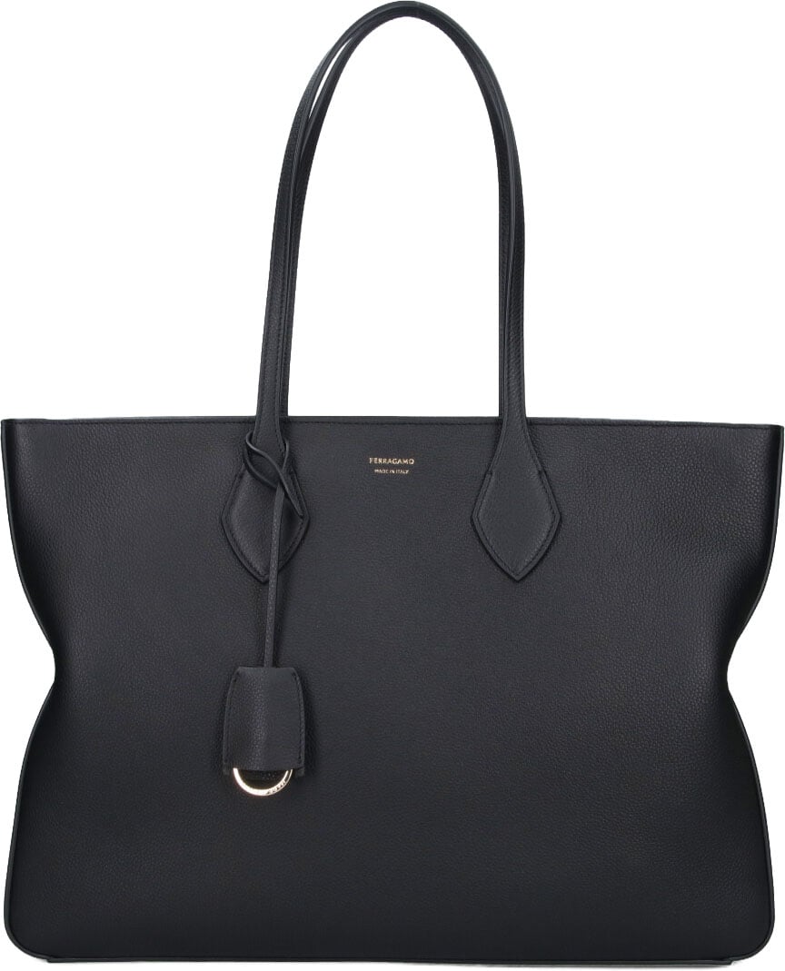 Ferragamo Structured Pebbled Leather Tote with Gold Details Grijs
