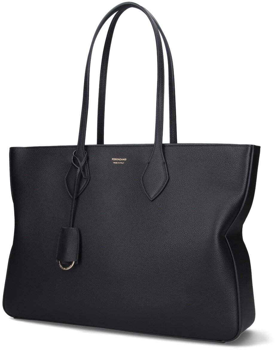 Ferragamo Structured Pebbled Leather Tote with Gold Details Grijs