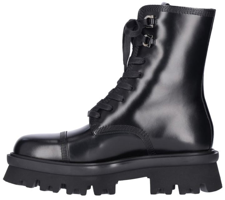 Ferragamo Glossy Black Leather Combat Boots Zwart