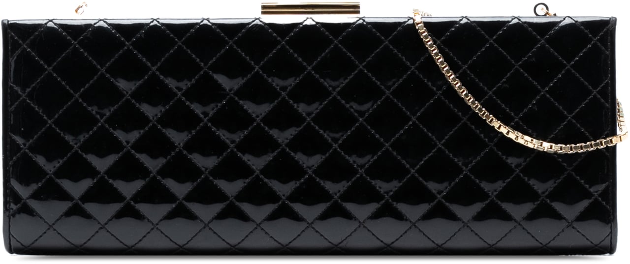 Ferragamo Quilted Patent Clutch with Chain Zwart