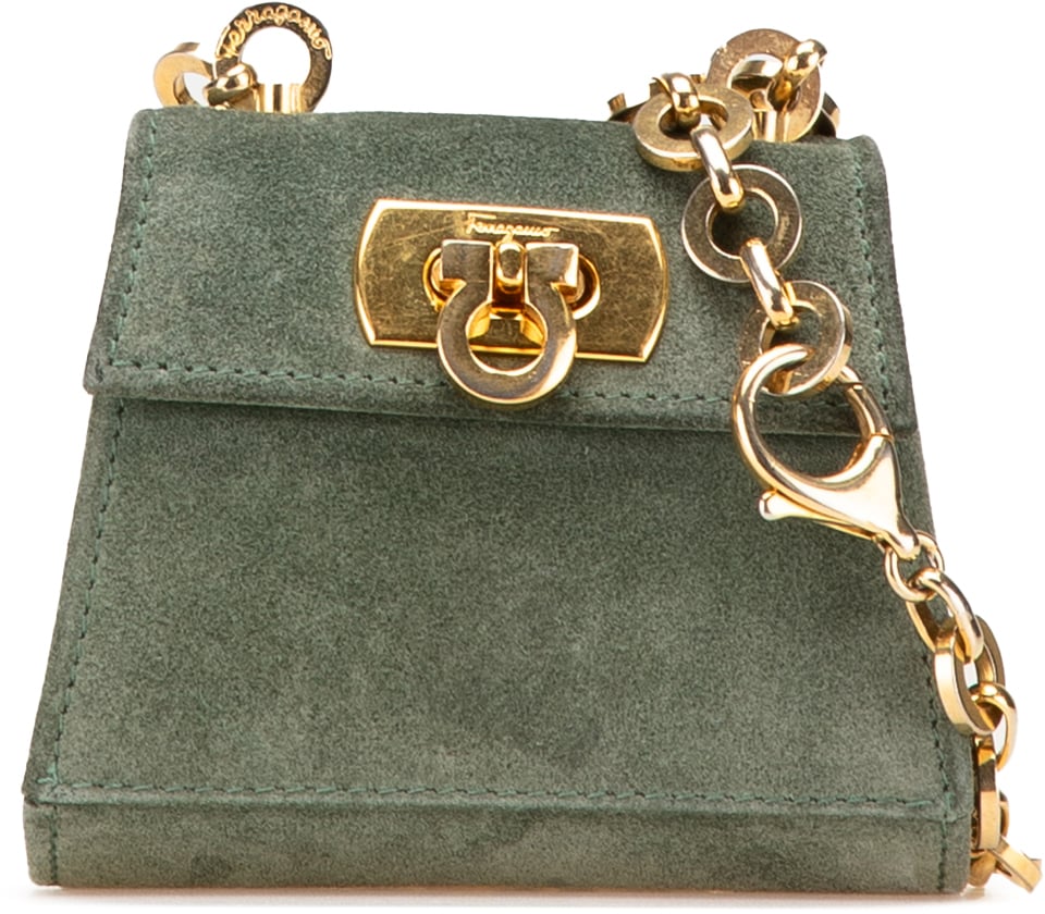 Ferragamo Mini Gancini Suede Chain Crossbody Groen