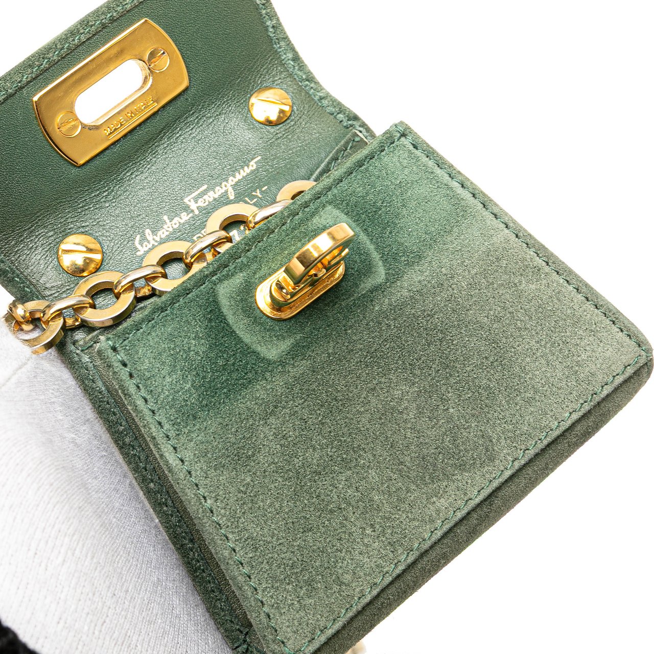Ferragamo Mini Gancini Suede Chain Crossbody Groen