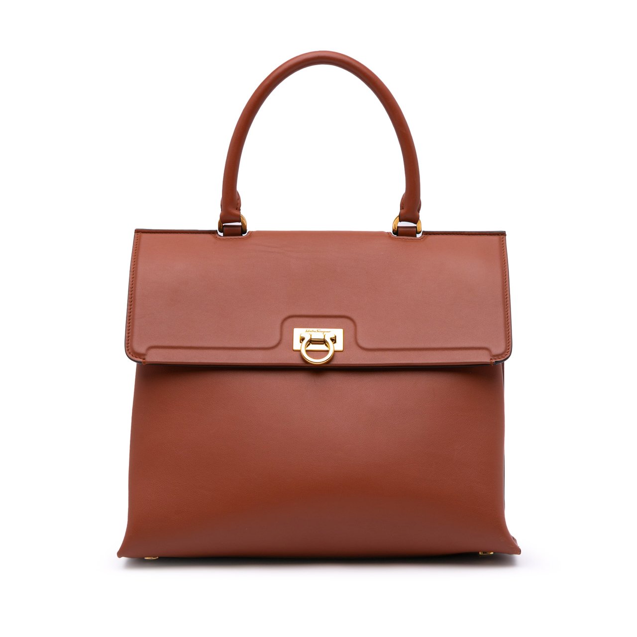 Ferragamo Leather Gancini Trifolio Top Handle Bag Bruin