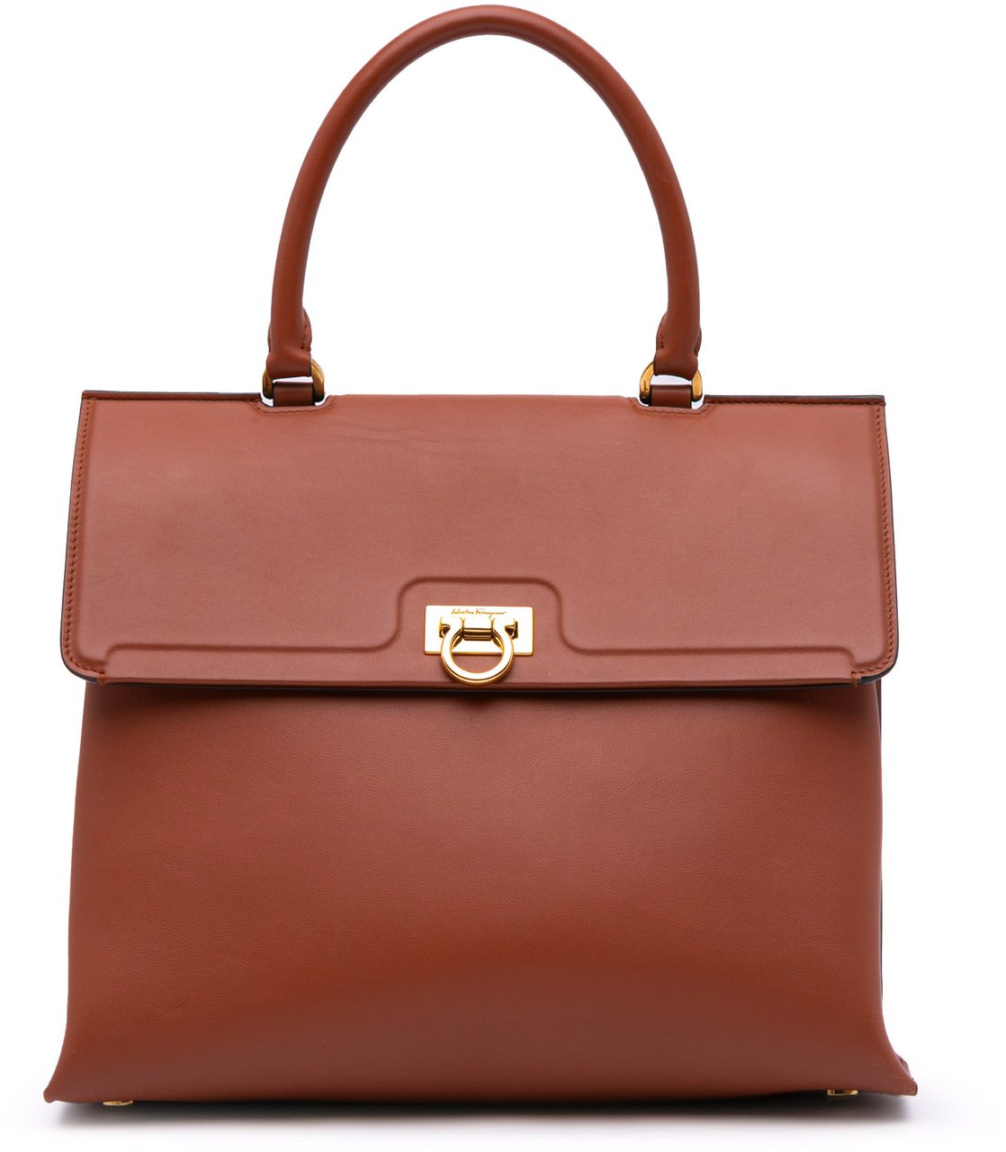 Ferragamo Leather Gancini Trifolio Top Handle Bag Bruin