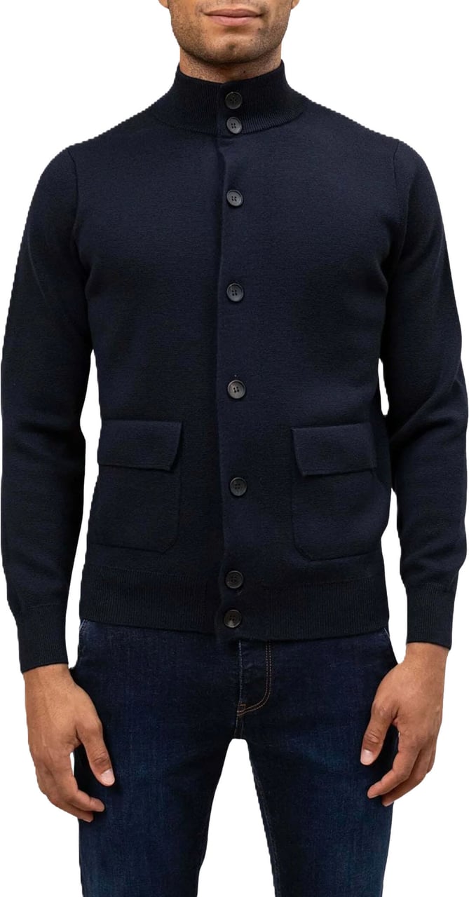 Filippo De Laurentiis Navy Blue Wool Buttoned Cardigan Zwart