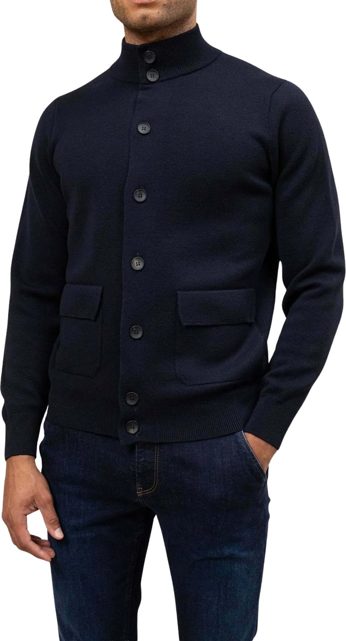 Filippo De Laurentiis Navy Blue Wool Buttoned Cardigan Zwart
