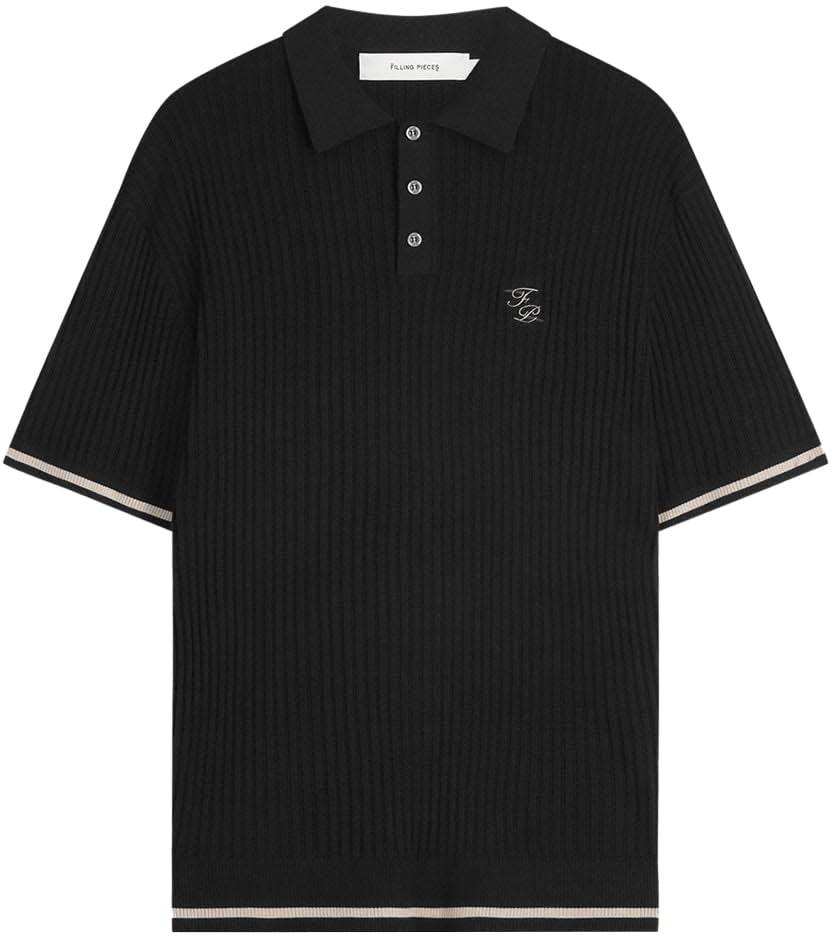 Filling Pieces Fine Knit Polo All Black Zwart