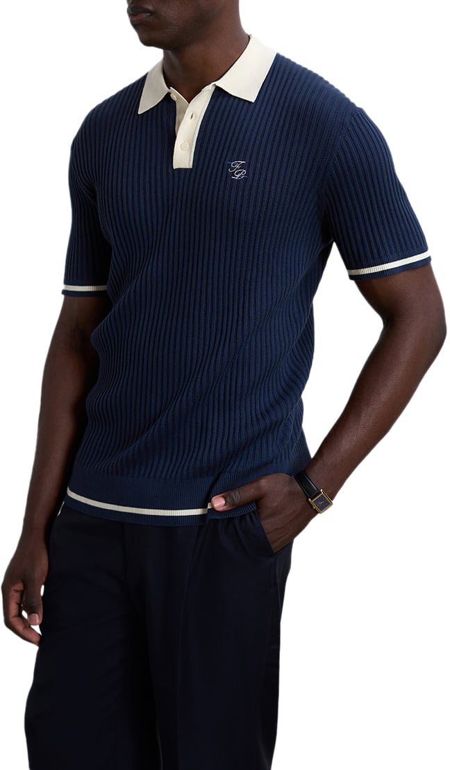 Filling Pieces Fine Knit Polo Navy Blauw