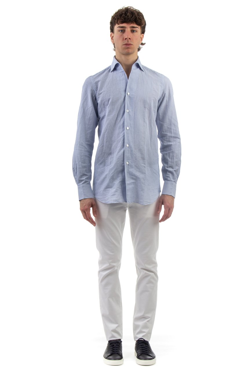 Finamore 1925 Napoli Ustica Collar Stripe Cotton Tailored Shirt Grijs