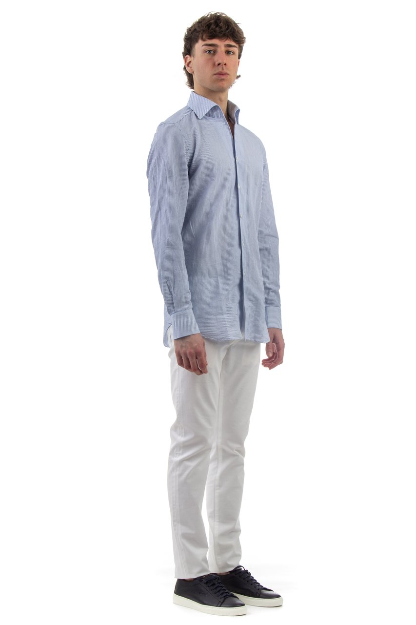 Finamore 1925 Napoli Ustica Collar Stripe Cotton Tailored Shirt Grijs