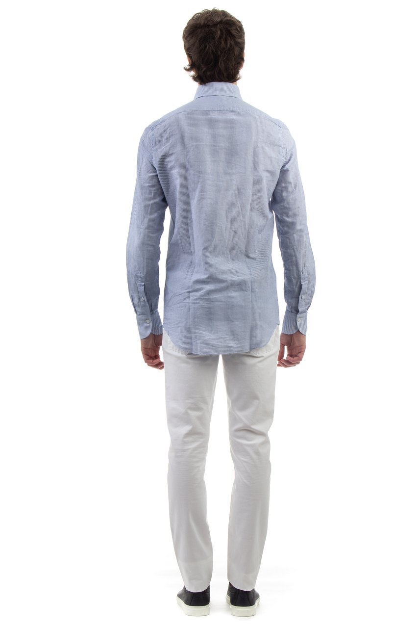 Finamore 1925 Napoli Ustica Collar Stripe Cotton Tailored Shirt Grijs