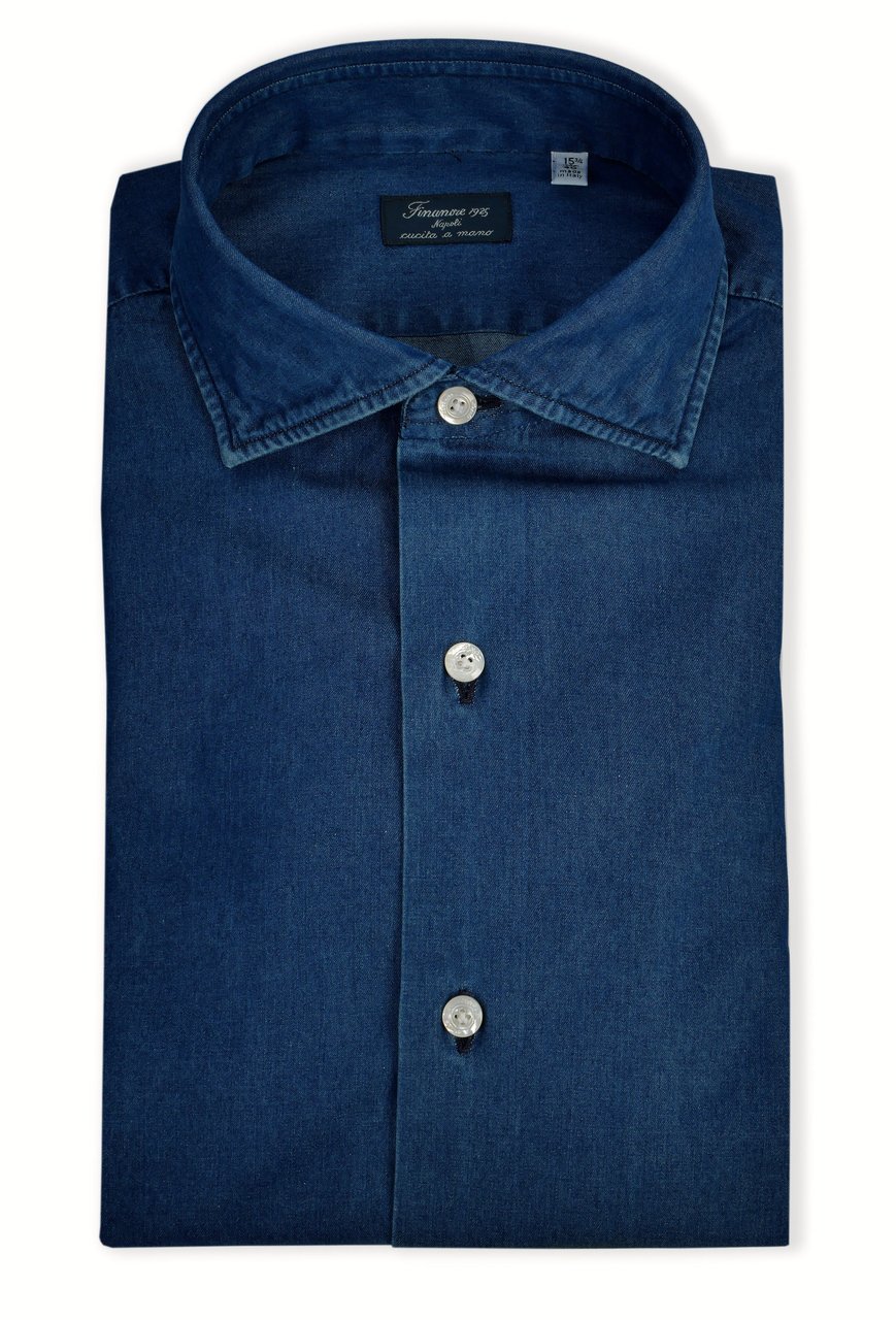 Finamore 1925 Napoli Stone Washed Denim Tailored Shirt Milano Line Groen
