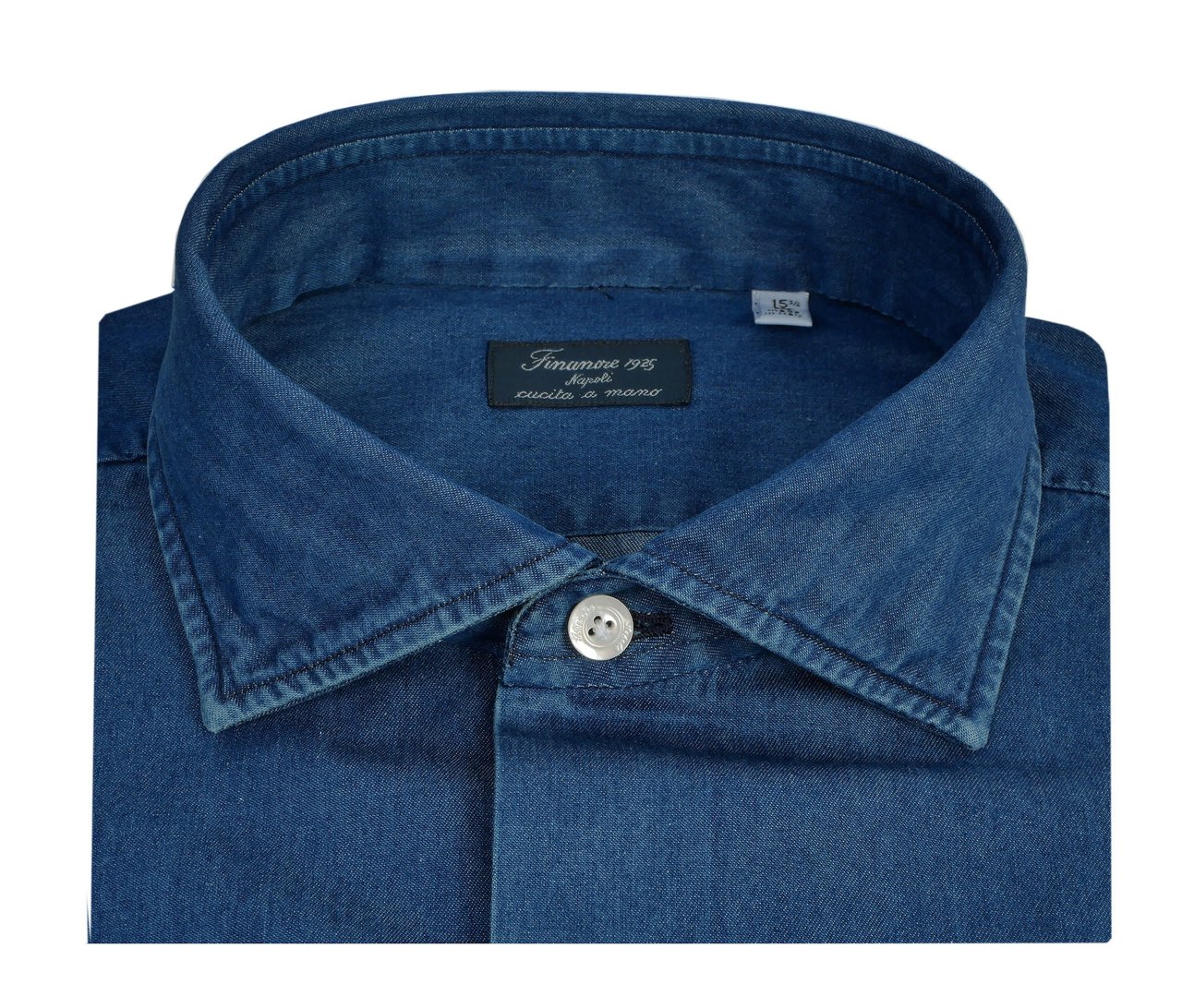 Finamore 1925 Napoli Stone Washed Denim Tailored Shirt Milano Line Groen