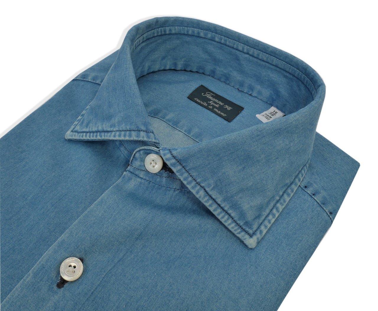 Finamore 1925 Napoli Bleached Denim Tailored Shirt Milano Line Blauw