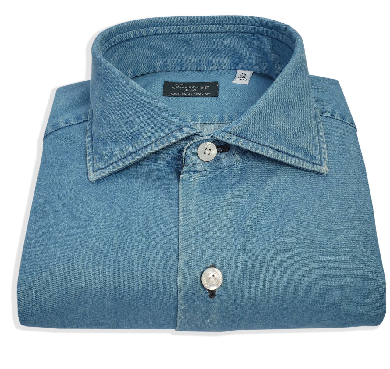Finamore 1925 Napoli Bleached Denim Tailored Shirt Milano Line Blauw