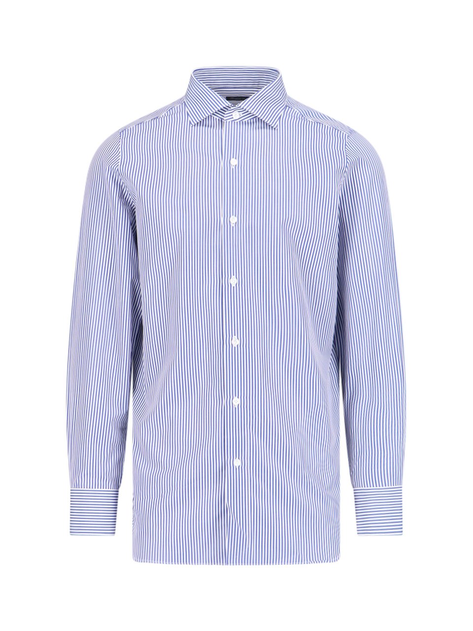 Finamore 1925 Napoli Vertical Stripe Blue Cotton Shirt With Classic Collar Blauw