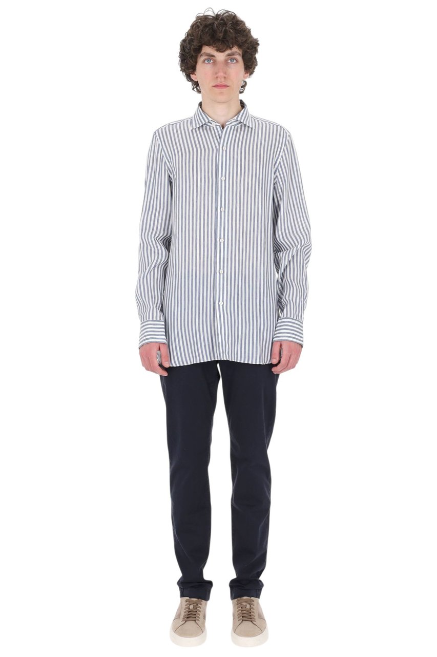 Finamore 1925 Napoli Gaeta Striped Linen-Lyocell Casual Shirt Wit