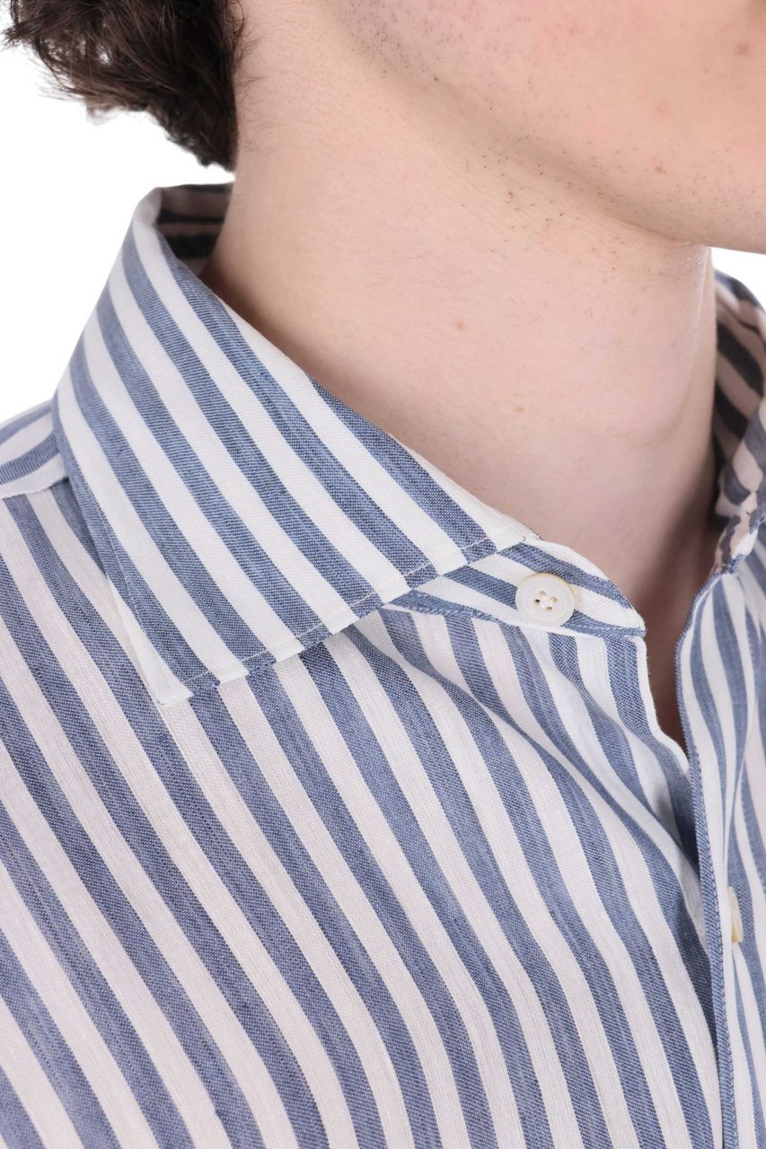 Finamore 1925 Napoli Gaeta Striped Linen-Lyocell Casual Shirt Wit