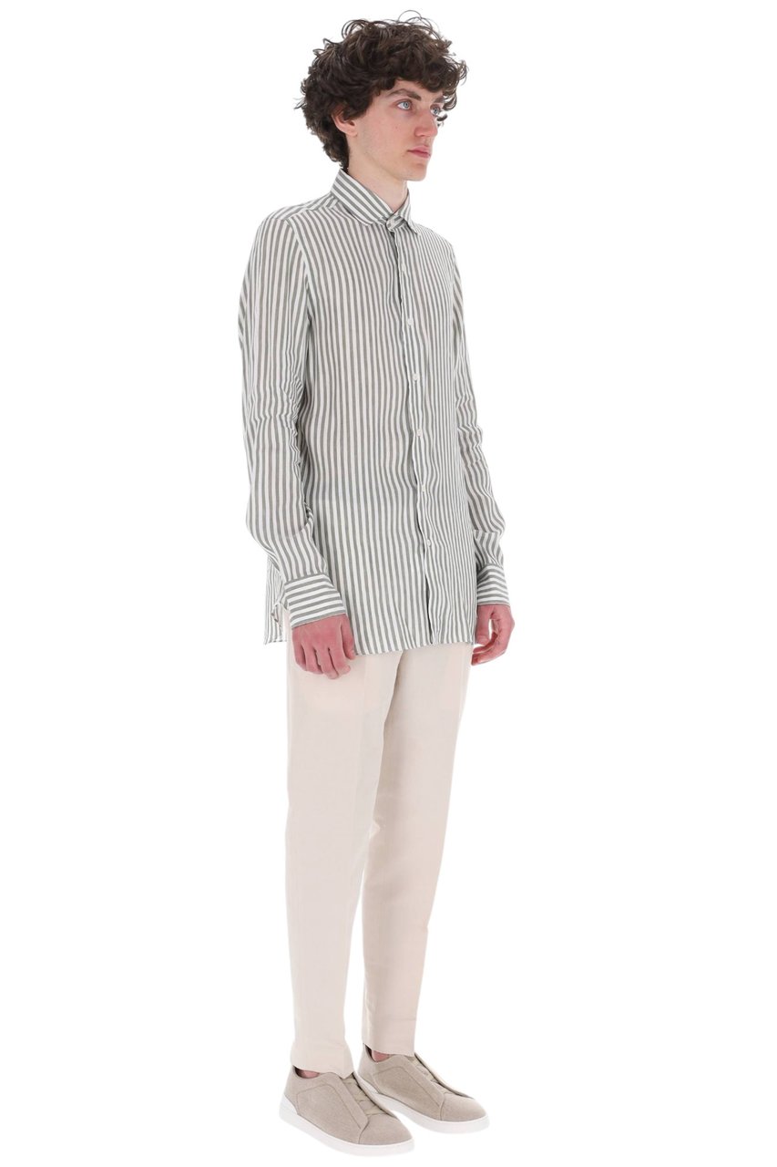 Finamore 1925 Napoli Gaeta Striped Linen-Lyocell Casual Shirt Neutraal