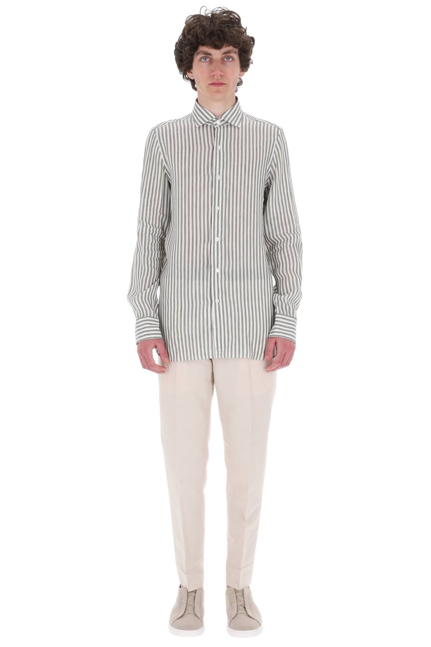 Finamore 1925 Napoli Gaeta Striped Linen-Lyocell Casual Shirt Neutraal