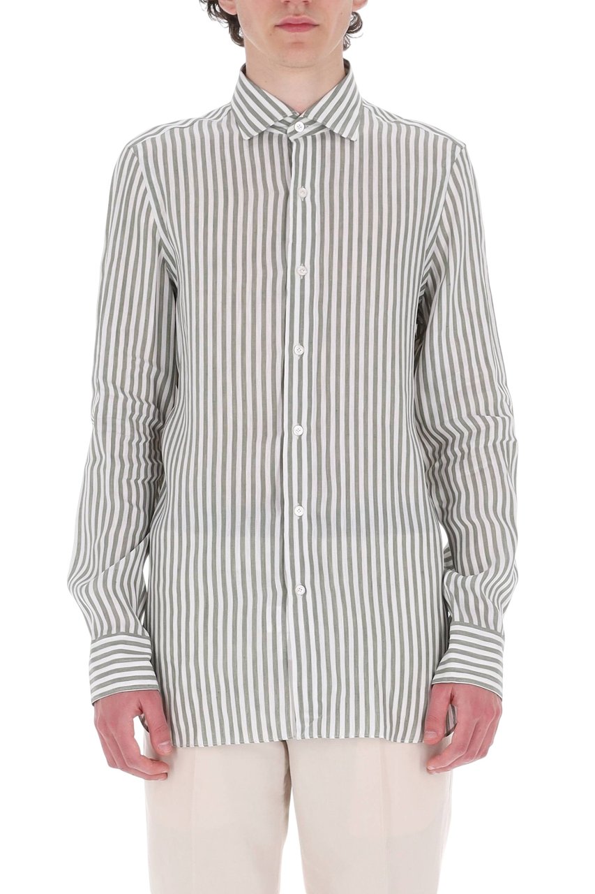 Finamore 1925 Napoli Gaeta Striped Linen-Lyocell Casual Shirt Neutraal