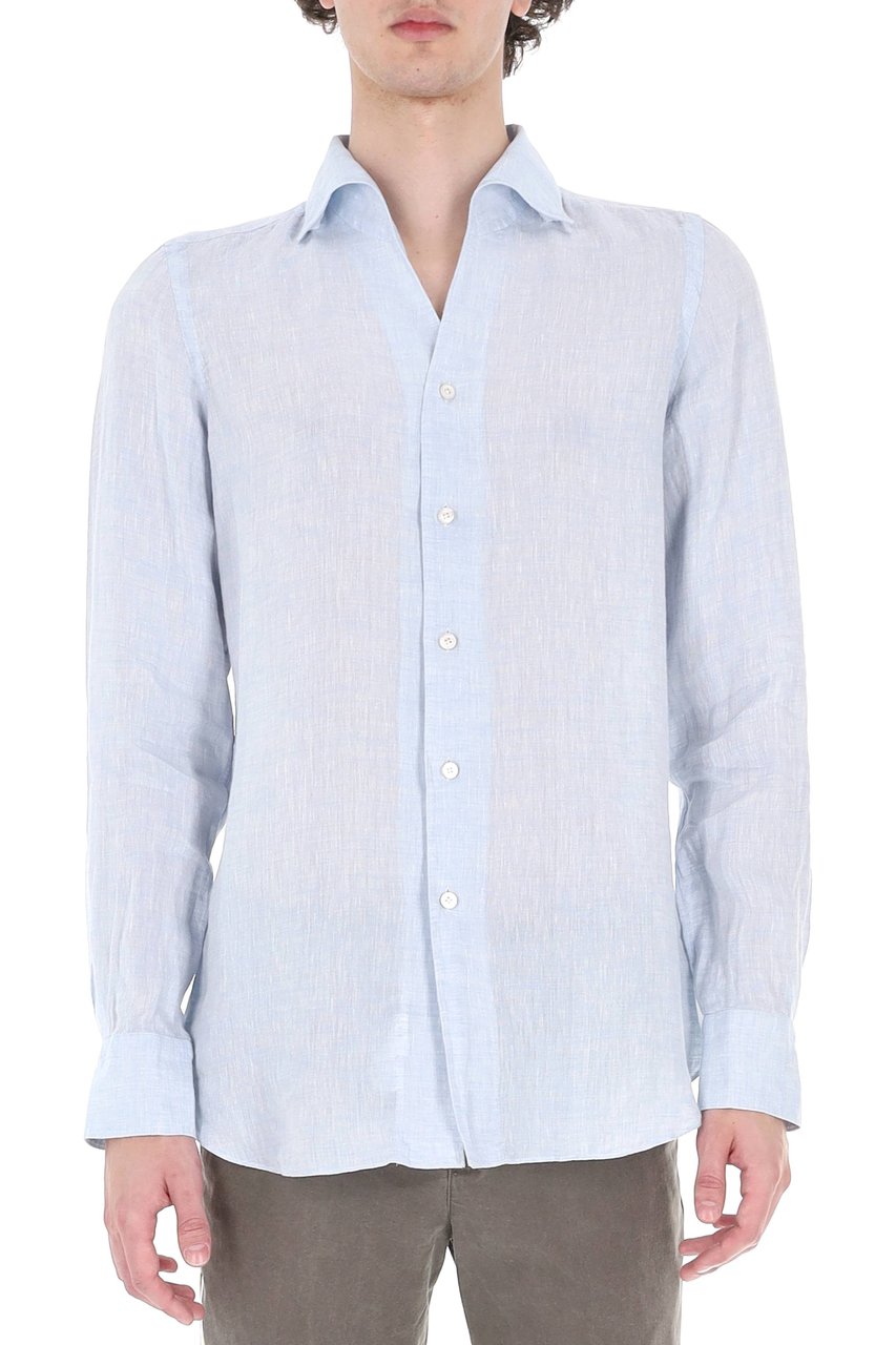 Finamore 1925 Napoli Ustica Open Collar Pure Linen Shirt Wit