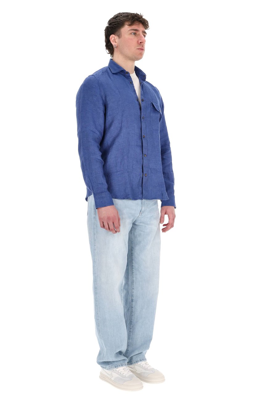 Finamore 1925 Napoli Maratea Model Tailored Pure Linen Shirt Blauw