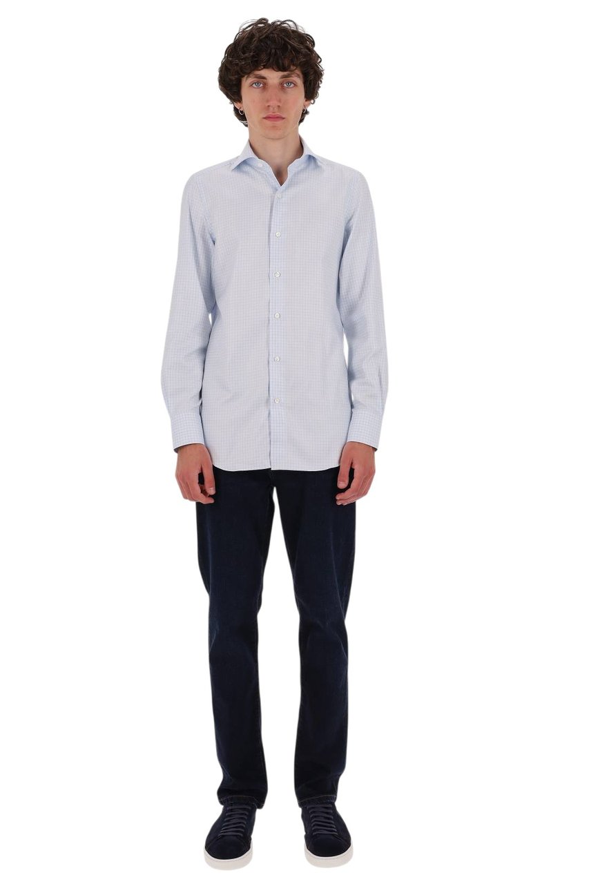 Finamore 1925 Napoli Milano Micro Check Cotton Shirt Blauw