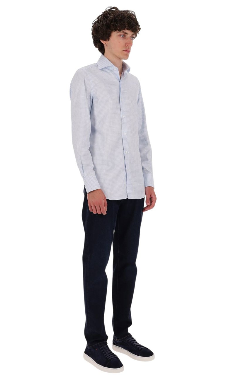 Finamore 1925 Napoli Milano Micro Check Cotton Shirt Blauw