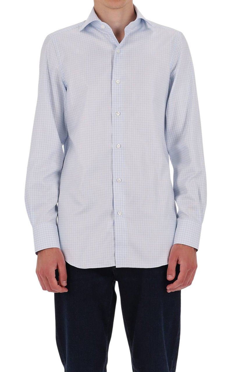 Finamore 1925 Napoli Milano Micro Check Cotton Shirt Blauw